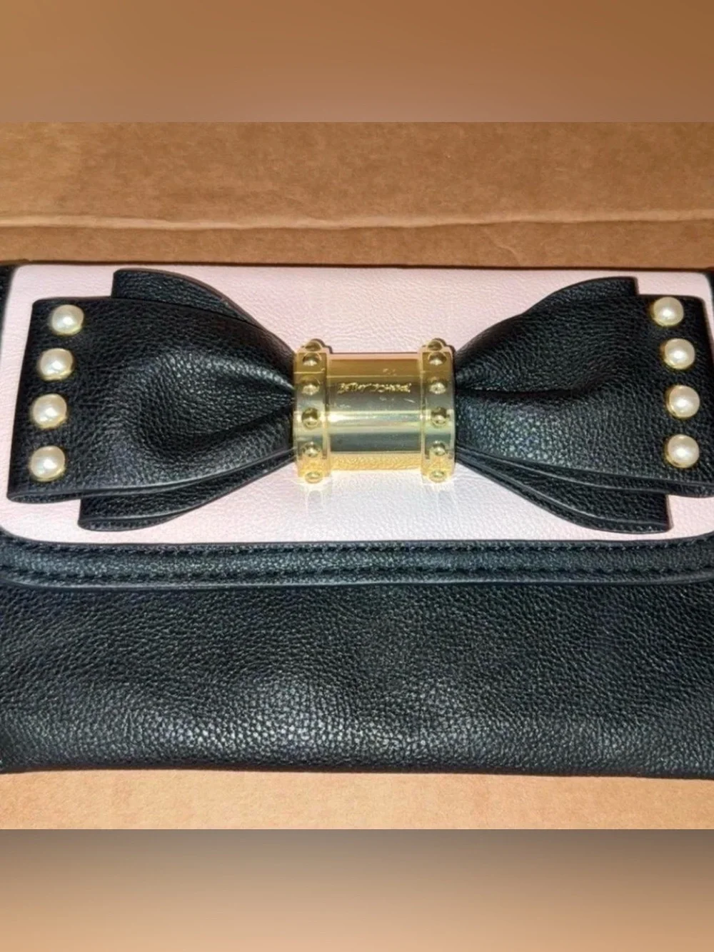 Betsey Johnson Black and Pink Bow Clutch with Gold Hardware